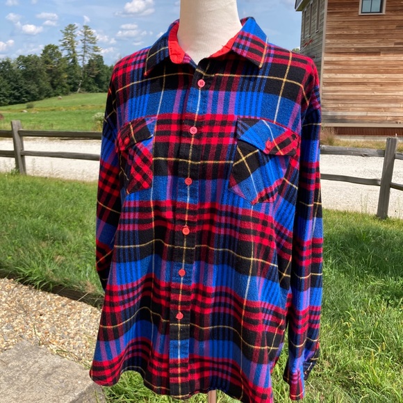 Vintage Electric Blue Plaid Flannel Shirt Pine Grove - Picture 9 of 16